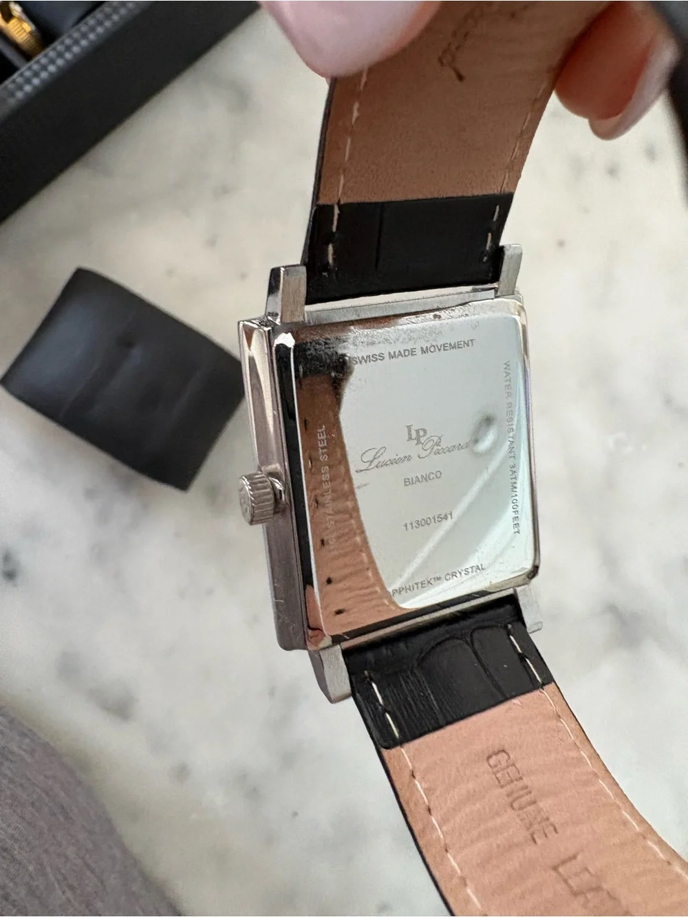 Lucien Piccard Silver-Tone Square Watch with Black Leather Strap